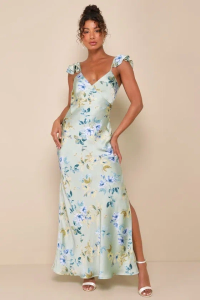 Lulus Captivating Grace Sage Green Floral Satin Ruffled Maxi Dress