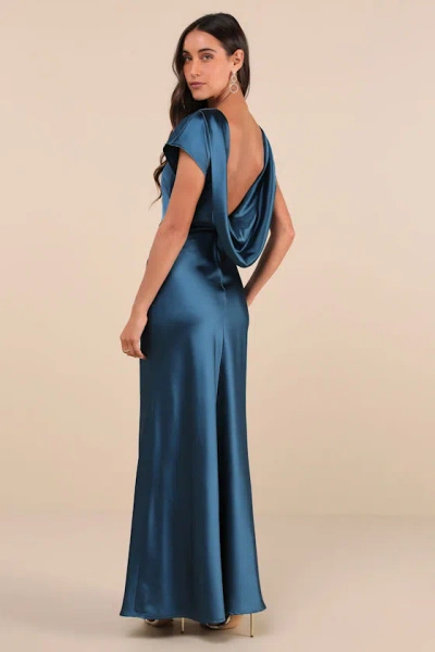 Lulus Captivating Presence Dark Teal Satin Cowl Back Maxi Dress