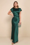 Lulus Captivating Presence Forest Green Satin Cowl Back Maxi Dress In Forest Green