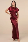 Lulus Captivating Presence Wine Red Satin Cowl Back Maxi Dress In Wine Red