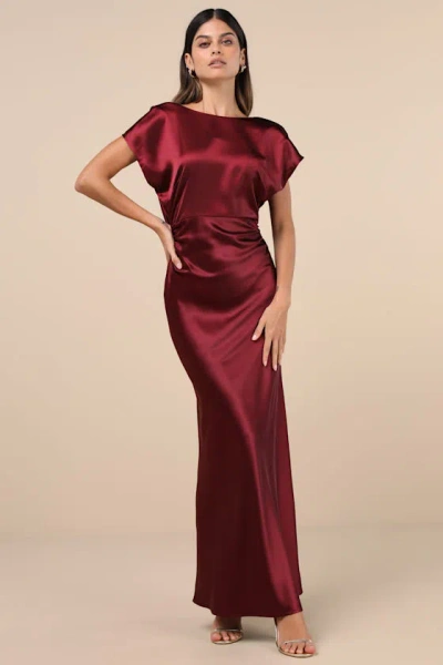 Lulus Captivating Presence Wine Red Satin Cowl Back Maxi Dress