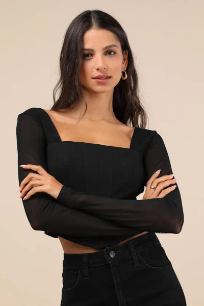 Lulus Captivating Sense Black Mesh Long Sleeve Bustier Crop Top
