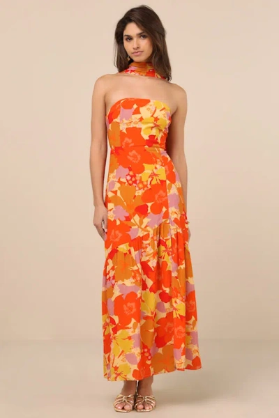 Lulus Captivating Spirit Orange Floral Strapless Dress And Scarf Set
