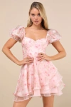 Lulus Captivating Sweetheart Pink Floral Tiered Puff Sleeve Mini Dress In Pink
