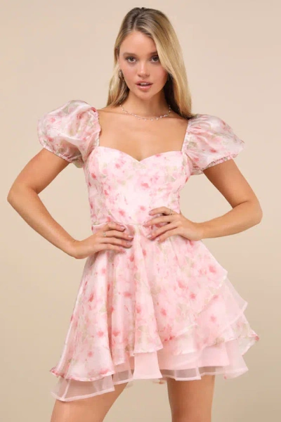 Lulus Captivating Sweetheart Pink Floral Tiered Puff Sleeve Mini Dress
