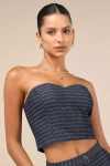 Lulus Carefree Fantasy Navy Blue Tweed Strapless Crop Top In Navy Blue