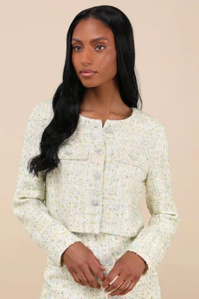 Lulus Carlena Green Tweed Rhinestone Button-front Blazer