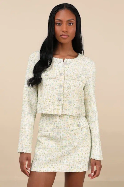 Lulus Carlena Green Tweed Rhinestone High-rise Mini Skirt