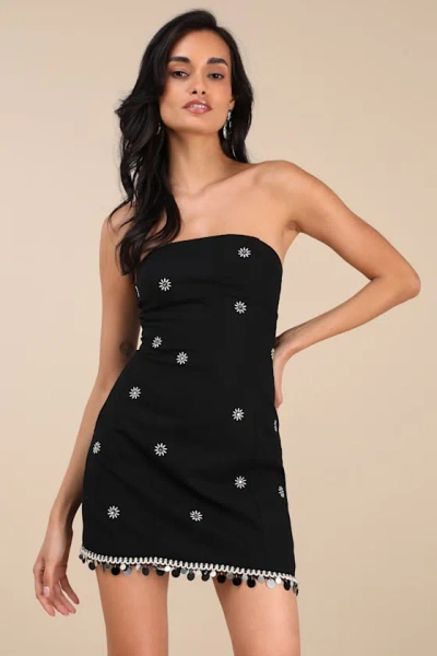 Lulus Carlijn Black Embroidered Paillette Sequin Strapless Mini Dress
