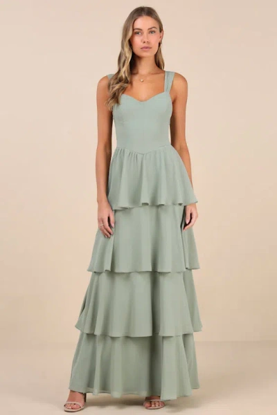 Lulus Carlynda Sage Brush Tiered Bustier Maxi Dress In Green