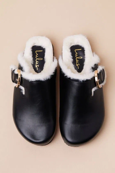 Lulus Carrina Black Faux Fur Buckle Mule Slides