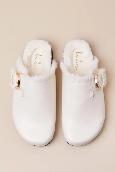 Lulus Carrina Bone Faux Fur Buckle Mule Slides In White