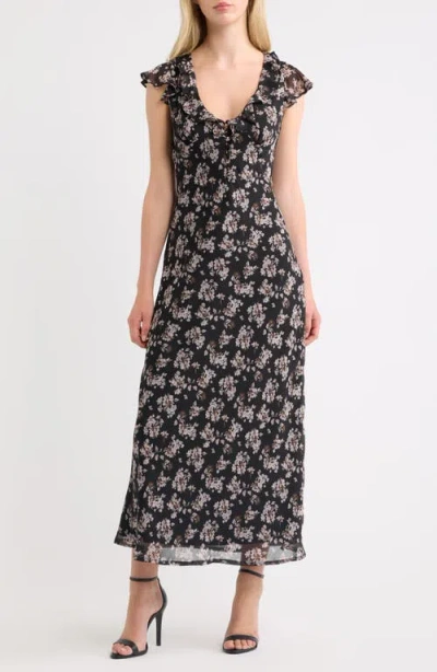 Lulus Carter Ruffle Cap Sleeve Maxi Dress In Black