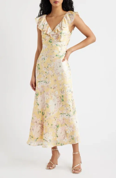 Lulus Carter Ruffle Neck Tie Back Maxi Dress In Yellow