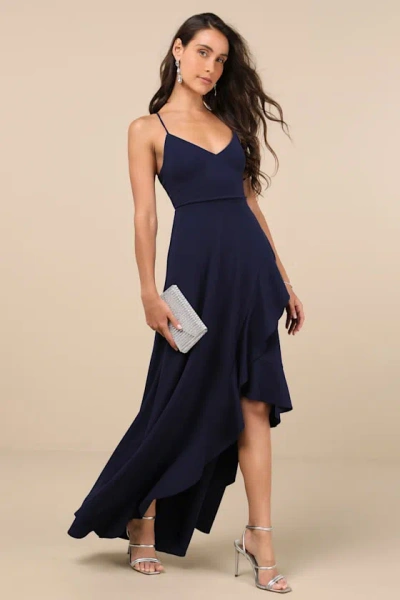 Lulus Caryl Dark Navy Ruffled Tulip High-low Maxi Dress