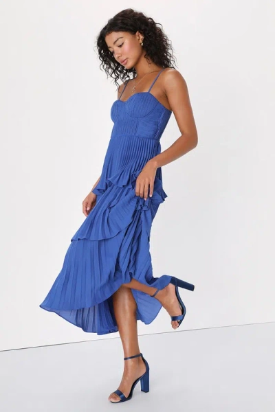 Lulus Cascading Crush Cobalt Blue Tiered Bustier Midi Dress