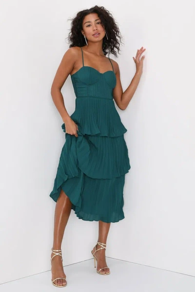 Lulus Cascading Crush Emerald Green Tiered Bustier Midi Dress