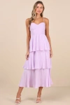 Lulus Cascading Crush Lavender Floral Print Tiered Bustier Midi Dress In Purple