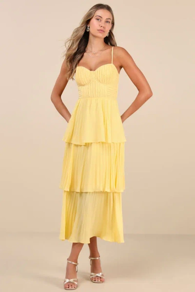 Lulus Cascading Crush Yellow Tiered Bustier Midi Dress