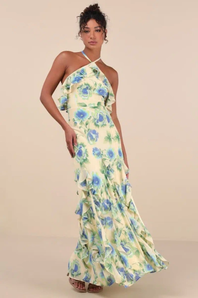 Lulus Casey Yellow Floral Halter Ruffled Maxi Dress