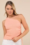 Lulus Cassara Peach Pink Ribbed One-shoulder Drawstring Tank Top In Peach