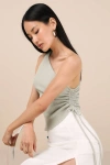 Lulus Cassara Sage Green Ribbed One-shoulder Drawstring Tank Top In Sage Green