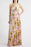 Lulus Cassia Floral Pleated Satin Gown In Pink Multi