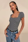Lulus Casual Adventures Black Striped Ribbed Short Sleeve Bodysuit In Black