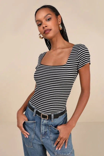 Lulus Casual Adventures Black Striped Ribbed Short Sleeve Bodysuit