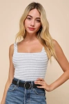 LULUS CASUAL ADVENTURES IVORY STRIPED RIBBED SLEEVELESS BODYSUIT