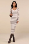 Lulus Desirable Date Lavender Mesh Ruched Off-the-shoulder Midi Dress In Beige