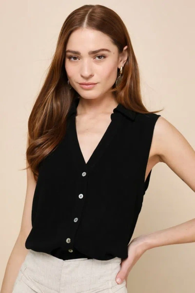 Lulus Casual Contentment Black Linen Button-up Collared Tank Top