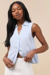 LULUS CASUAL CONTENTMENT LIGHT BLUE LINEN BUTTON-UP COLLARED TANK TOP