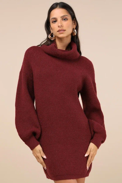 Lulus Casual Coziness Burgundy Waffle Knit Cowl Neck Sweater Dress