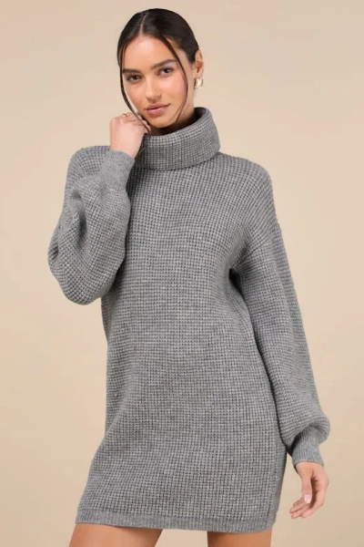 Lulus Casual Coziness Grey Waffle Knit Cowl Neck Sweater Dress