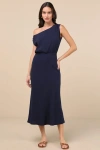Lulus Sophisticated Pose Navy Chiffon Boat Neck Backless Maxi Dress In Navy