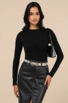 Lulus Casual Energy Black Ruched Long Sleeve Crew Neck Top In Black