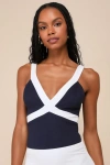 Lulus Casual Excellence Navy Color Block V-neck Sleeveless Bodysuit In Navy