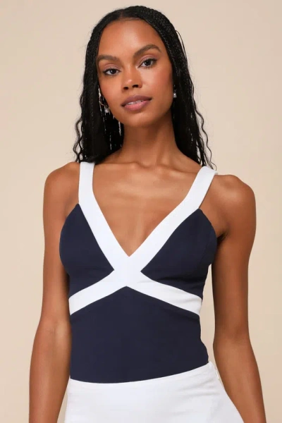 Lulus Casual Excellence Navy Color Block V-neck Sleeveless Bodysuit