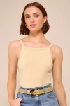 Lulus Casual Icon Beige Ribbed Apron Neck Sleeveless Bodysuit In Beige