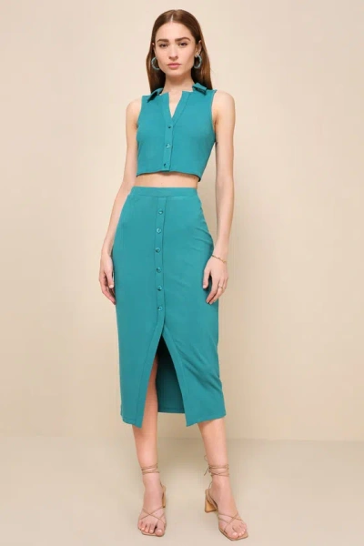 Lulus Casual Poise Teal Green Ribbed Two-piece Sleeveless Midi Dress