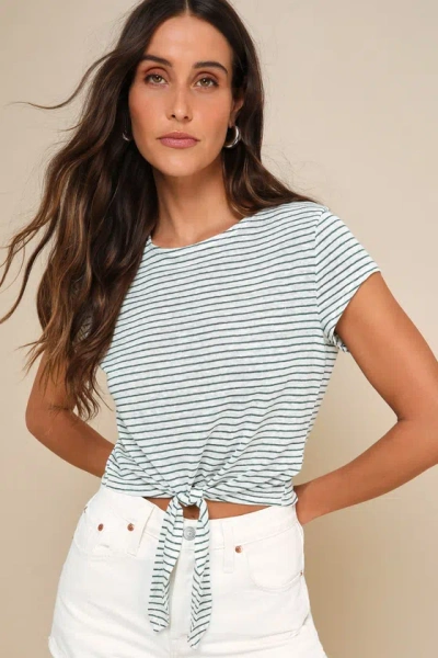 Lulus Casually Adorable Green And White Striped Tie-front Tee