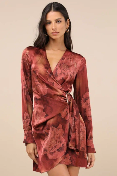 Lulus Casually Elegant Rust Floral Satin Surplice Belted Mini Dress In Brown