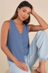 Lulus Casually Sophisticated Blue Linen Button-front Top In Blue