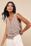 Lulus Casually Sophisticated Brown Linen Sleeveless Button-front Top In Brown