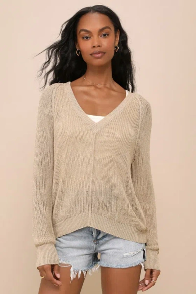 Lulus Casually Yours Beige Loose Knit Long Sleeve Sweater Top