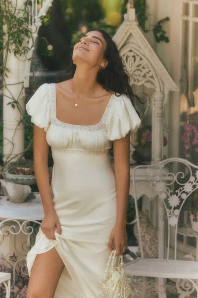 Lulus Catherine Ivory Satin Puff Sleeve Slip Midi Dress In White