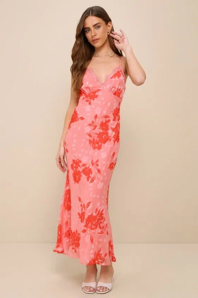 Lulus Caught Your Interest Pink Floral Burnout Lace Cutout Maxi Dress