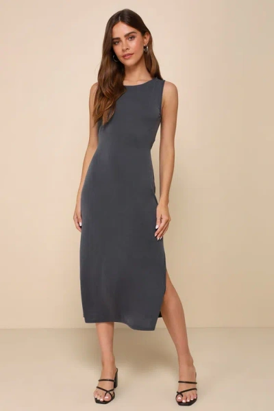 Lulus Causally Flawless Charcoal Grey Knotted Cutout Midi Dress