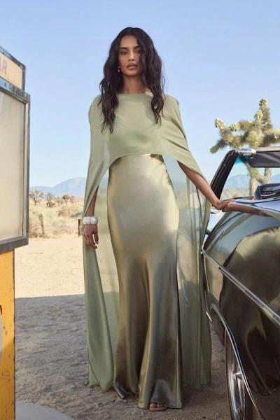 Lulus Cavana Sage Satin Cape Maxi Dress In Green